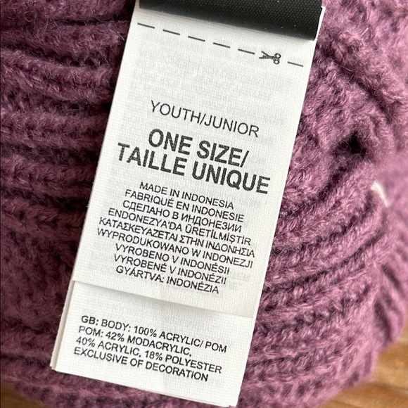 The North Face Youth Purple Knit Beanie with Fluffy Gray Pom-Pom - Picture 5 of 15